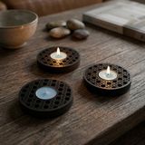 Hedea Dekoratif Ahşap Hazeran Örgü Desenli Tealight Mumluk Siyah 3 lü