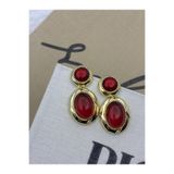 Hedef Bijuteri Bordo Taşlı Gold Detaylı Vintage Oval Model Sallantılı Tasarım Küpe
