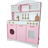 Hedefixtoys Küçük Şef Pembe Ahşap Oyuncak Mutfak 12 Parça Servis Setli LED Eğitici Oyuncak