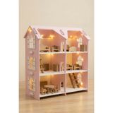 hedefixtoys LED Işıklı Ahşap Oyuncak Ev | 3 Katlı Pembe Montessori Bebek Evi