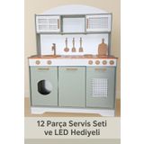 hedefixtoys Yeşil Ahşap Oyuncak Mutfak 12 parça Servis Seti ve Led Hediyeli