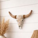 Hedicaret Bufalo Kafası Mask Ahşap Dekoratif Duvar Objesi Boğa - 30 x 35 cm - Beyaz
