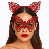 Hedivio Gösterişli Kırmızı Dantel Maske ve Taç Seti 7 No