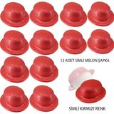 Hedivio Kırmızı Renk Simli Melon Yuvarlak Parti Şapkası 12 Adet