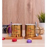 Hediye Dükkanı Altın Kişiye Özel Sevgililere Özel Baskılı İkili Ahşap Altlıklı Gold Kupa Bardak