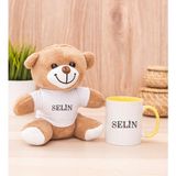 Hediye Dükkanı Kişiye Özel Çiçek Harf Tasarım isim Yazılı Sarı Kupa Bardak ve Peluş Ayıcık