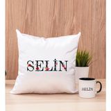 Hediye Dükkanı Kişiye Özel Çiçek Harf Tasarım İsim Yazılı Siyah Kupa Bardak ve Kare Yastık Seti