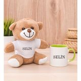 Hediye Dükkanı Kişiye Özel Çiçek Harf Tasarım isim Yazılı Yeşil Kupa Bardak ve Peluş Ayıcık