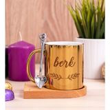 Hediye Dükkanı Kişiye Özel Erkeklere Hediye Ahşap Altlıklı Kaşıklı Gold Kupa Bardak