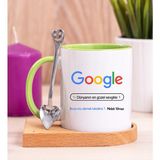 Hediye Dükkanı Kişiye Özel Google Tasarım Esprili Ahşap Altlıklı Yeşil Kupa Bardak