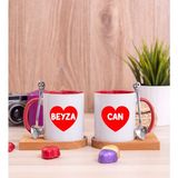 Hediye Dükkanı Kişiye Özel Isim Yazılı Kırmızı Kalpli Ikili Ahşap Altlıklı Kırmızı Kupa