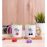 Hediye Dükkanı Kişiye Özel Mr Mrs Tasarımlı Ikili Ahşap Altlıklı Yeşil Kupa