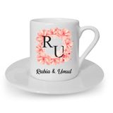 Hediye Rengi İsme Özel Ahşap Tepsili Pembe Çiçek Tasarımlı Fincan