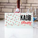 Hediye Vakti Karpuz Desenli Kişiye Özel Cam Masa Saati – Isim Yazılı Masaüstü Dekor Saat - Beyaz