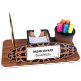 Hediye Vakti Kişiye Özel Ahşap Masa İsimliği | Kalemlikli ve Kartvizitlikli Ofis Seti