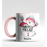 Hediye Zengini Kişiye Özel Mutlu Yıllar Kardan Adam Tasarımlı Pembe Kupa - 1 Adet - Beyaz - Pembe - 200 ml
