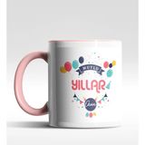 Hediye Zengini Kişiye Özel Mutlu Yıllar Tasarımlı Pembe Kupa - 1 Adet - Beyaz - Pembe - 200 ml
