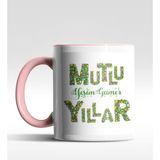 Hediye Zengini Kişiye Özel Mutlu Yıllar Text Tasarımlı Pembe Kupa - 1 Adet - Beyaz - Pembe - 200 ml