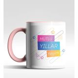 Hediye Zengini Kişiye Özel Mutlu Yıllar Yıldızlı Tasarımlı Pembe Kupa - 1 Adet - Beyaz - Pembe - 200 ml