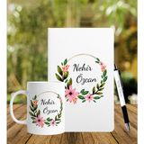 Hediyecepte Kişiye Özel Isimli Beyaz Defter Kalem Kupa Set
