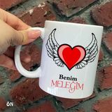 Hediyeci Abla Size Özel Benim Meleğim Kanatlı Kalp Seramik Baskılı Beyaz Kupa Bardak