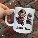 Hediyeci Abla Size Özel Çılgın Motorcular Süperiz Seramik Baskılı Beyaz Kupa Bardak