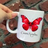 Hediyeci Abla Size Özel Kırmızı Kelebek Canım Kendim Seramik Baskılı Beyaz Kupa Bardak