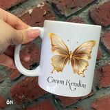 Hediyeci Abla Size Özel Sarı ve Gold Kelebek Canım Kendim Seramik Baskılı Beyaz Kupa Bardak