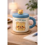 hediyeconcepti 500 ML Kapaklı Kaşıklı Butter Bear Seramik Kupa – Sevimli Ayıcık Tasarım