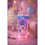 HediyeFilesi Unicorn Temalı Led Işıklı Suluk Buzlu Cam Görünümlü 450 ML Çift Katman Mika Su Şişesi 2646 Mavi
