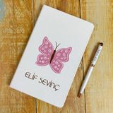 Hediyehanesi Kişiye Özel Isimli Ajanda Not Defteri ve Tükenmez Kalem Seti, Kelebek Desenli, Beyaz Renk 2413W2 - 21cm-13cm