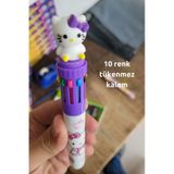 Hediyelik Mor Hello Kity Kalem, 10 Renk Tükenmez Kalem, Tatlı Tatlış İlkokul Ortaokul Çocuk Hediye