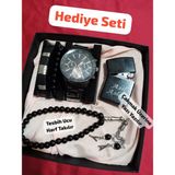 Hediyelik Saat Seti - Özel Kutusunda Erkek Kombini Saat Çakmak Tesbih Bileklikler 6043 - Siyah