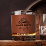Hediyemen Premium Tasarımlı Isimli Taba Deri Kaplı Viski Bardağı