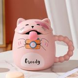 Hediyesahibi Özel Tasarım 3D Kedi Figürlü Kapaklı Kaşıklı Kupa Bardak - Pembe