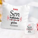 Hediyesec Sen Kalbimin Gülen Yüzüsün Isme Özel Kupa ve Yastık Set - Beyaz
