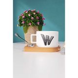 Hedizu Harf Tasarımlı W Harfli Ahşap Altlıklı Fincan - 1 Adet - 130 ml - Beyaz