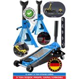 Heilber Alman 3 Ton Blue Çift Pistonlu Düşük Profil Garaj Zemin Krikosu + 2 Adet 3 Ton Tutucu Stand Kriko