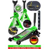 HEİLBER ALMAN 3 TON GREEN ÇİFT PİSTONLU DÜŞÜK PROFİL GARAJ ZEMİN KRİKOSU + 2 ADET 3 TON TUTUCU STAND KRİKO