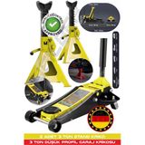 HEİLBER ALMAN 3 TON YELLOW ÇİFT PİSTONLU DÜŞÜK PROFİL GARAJ ZEMİN KRİKOSU + 2 ADET 3 TON TUTUCU STAND KRİKO