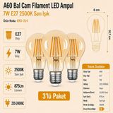 Heka A60 Bal Cam Filament LED Ampul 7W E27 2500K Sarı Işık ERD-314 - 3'lü