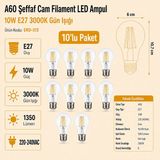 Heka A60 Şeffaf Cam Filament LED Ampul 10W E27 3000K Gün Işığı ERD-313 - 10'lu