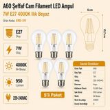 Heka A60 Şeffaf Cam Filament LED Ampul 7W E27 4000K Ilık Beyaz ERD-311 - 5'li