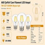 Heka A60 Şeffaf Cam Filament LED Ampul 7W E27 6500K Beyaz Işık ERD-312 - 3'lü