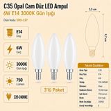 Heka C35 Opal Cam Düz LED Ampul 6W E14 3000K Gün Işığı ERD-237 - 3'lü