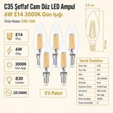 Heka C35 Şeffaf Cam Düz LED Ampul 6W E14 3000K Gün Işığı ERD-308 - 5'li