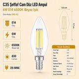 Heka C35 Şeffaf Cam Düz LED Ampul 6W E14 6500K Beyaz Işık Erd-93 - Tekli