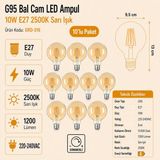 Heka G95 Bal Cam LED Ampul 10W E27 2500K Sarı Işık ERD-316 - 10'lu