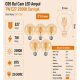 Heka G95 Bal Cam LED Ampul 7W E27 2500K Sarı Işık ERD-324 5'li