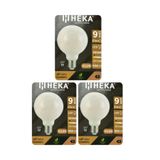 Heka LED Ampul, 9W (67W), 3000K Sarı Işık, E27 Duy, G125 Glop, 3 Adet